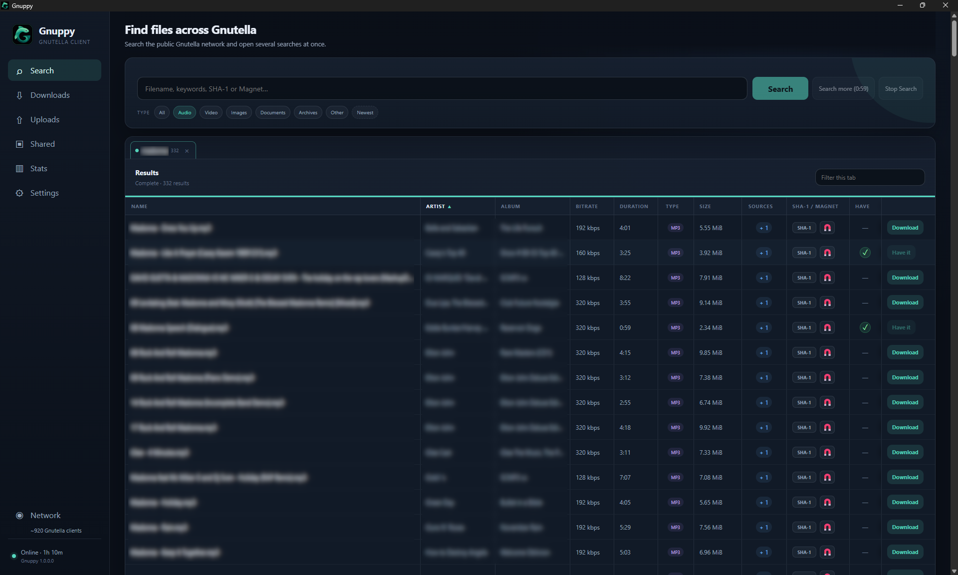 Gnuppy search screen with search results